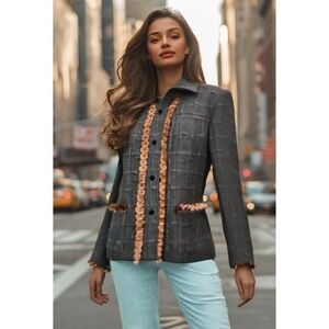 Zang Toi Wool Jacket Size Large Blazer Mink Trim Velvet Buttons Silk Lined Black